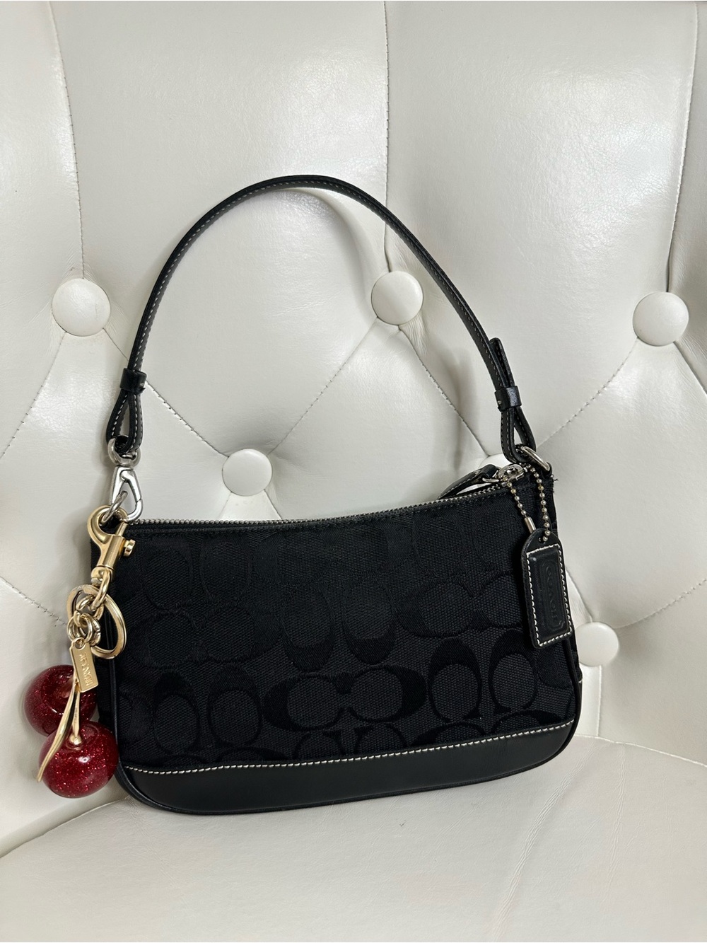 Coach Black Signature Jacquard Small Shoulder Bag with Cherry Charm